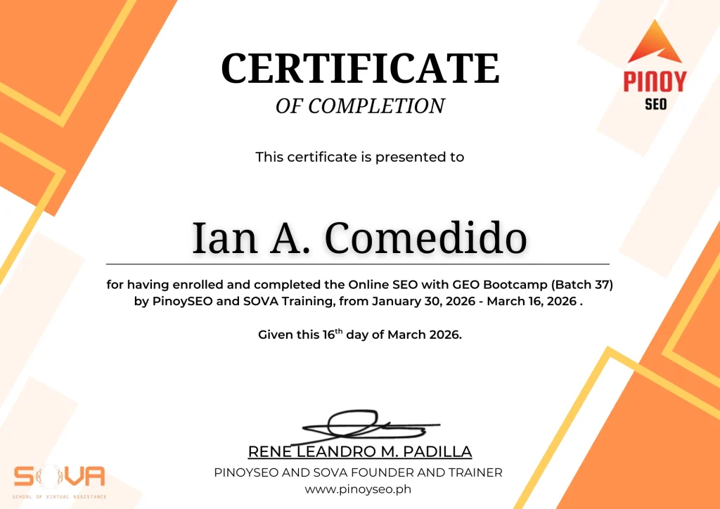 PinoySEO certified SEO specialist Ian Comedido’s official bootcamp certificate.